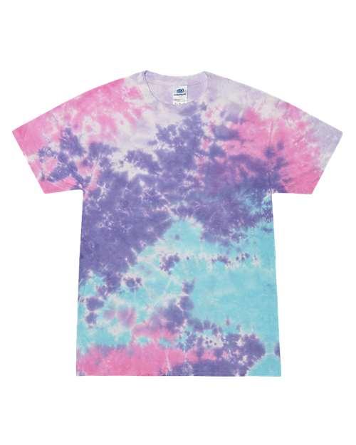 Cotton candy tie-dye t-shirt featuring vibrant pink, purple, and turquoise colors in a relaxed fit