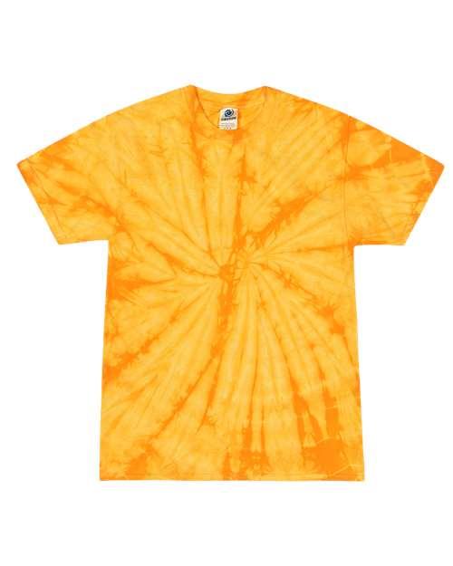 Bright orange multi-color tie dye t-shirt with a spiral pattern for casual summer wear
