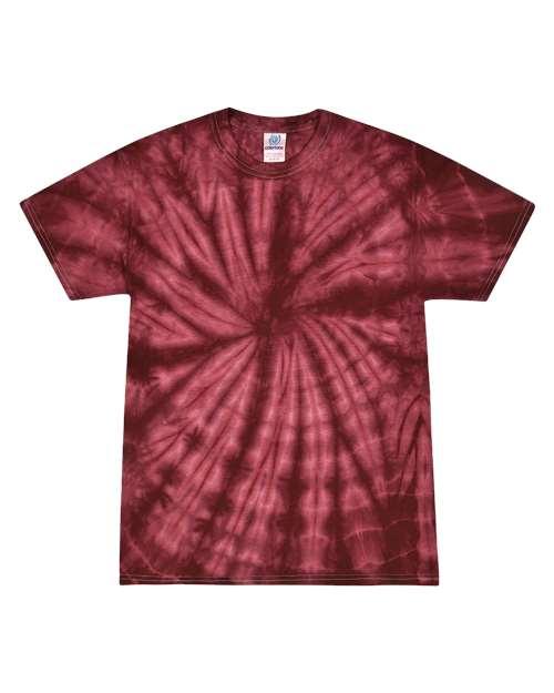 Multi-color tie dye t-shirt in red with a spiral design for a vibrant casual look