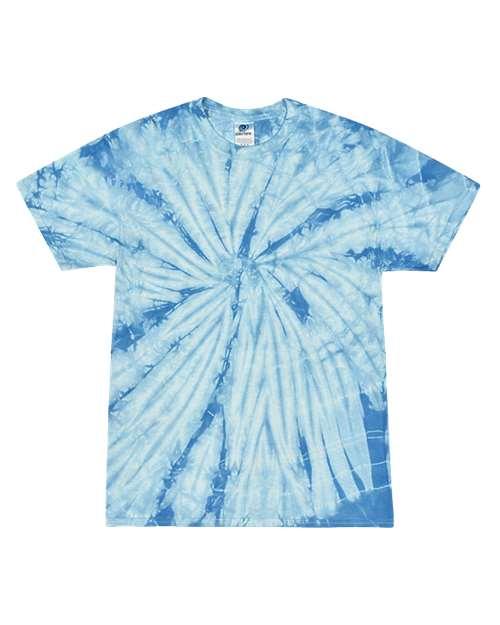 Apparel Nuke multi-color tie dye t-shirt featuring a unique blue spiral design