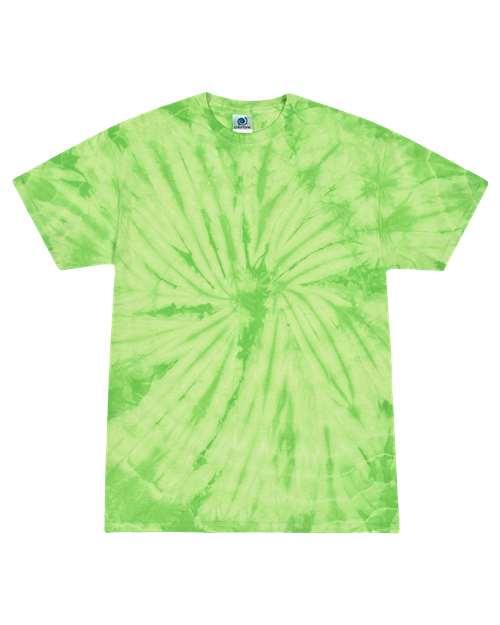 Multi-color tie dye t-shirt in vibrant green and white swirl design for casual summer wear