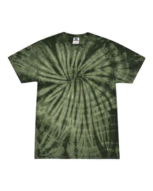 Apparel Nuke multi-color tie dye t-shirt with a unique spiral pattern in various shades of green