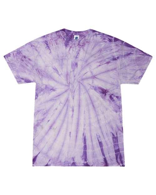 Purple multi-color tie dye t-shirt with a spiral design for a trendy look
