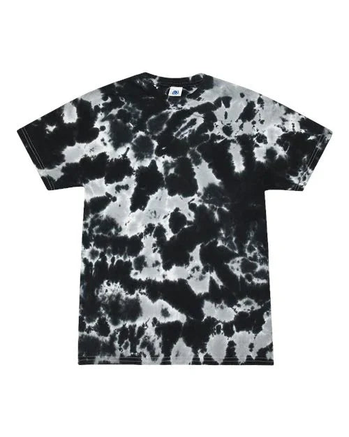 Black and white multi tie dye t-shirt featuring a unique abstract pattern for casual wear.