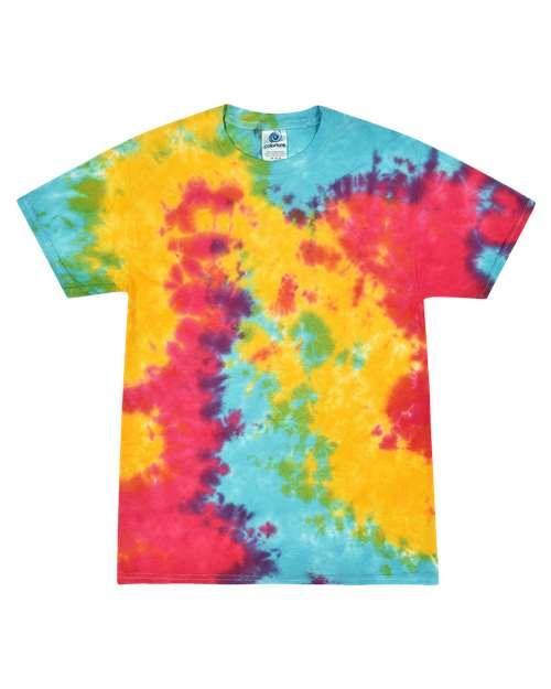 Vibrant multi tie dye t-shirt in blue, yellow, red, and green colors for a stylish casual look