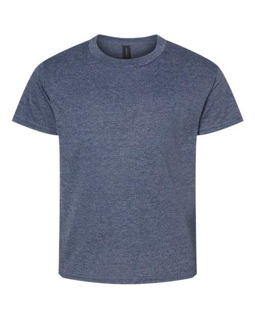 Softstyle youth t-shirt in heather navy blue, perfect for casual wear and comfortable fit
