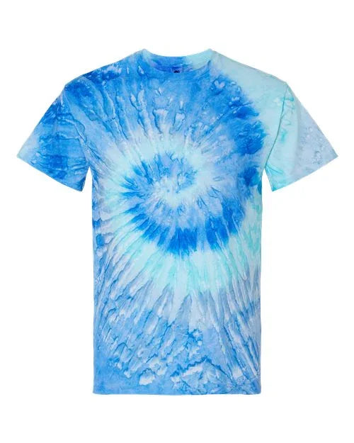 Blue unisex tie dye t-shirt featuring a spiral pattern for a stylish, casual look