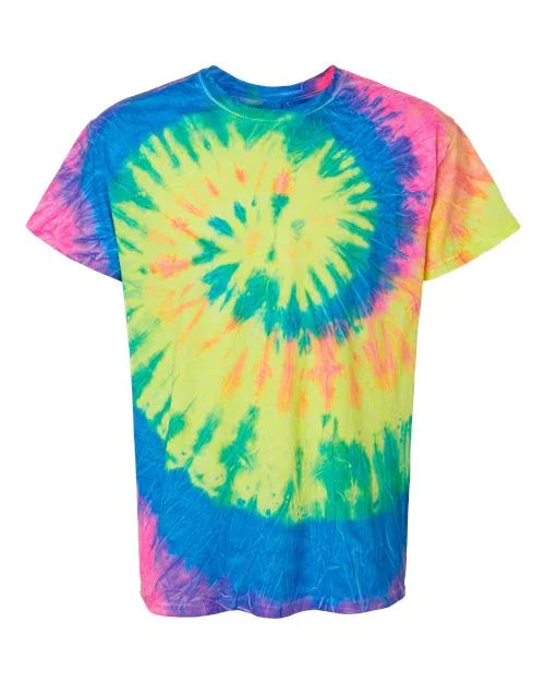 Bright unisex tie dye t-shirt featuring a vibrant spiral design in neon colors
