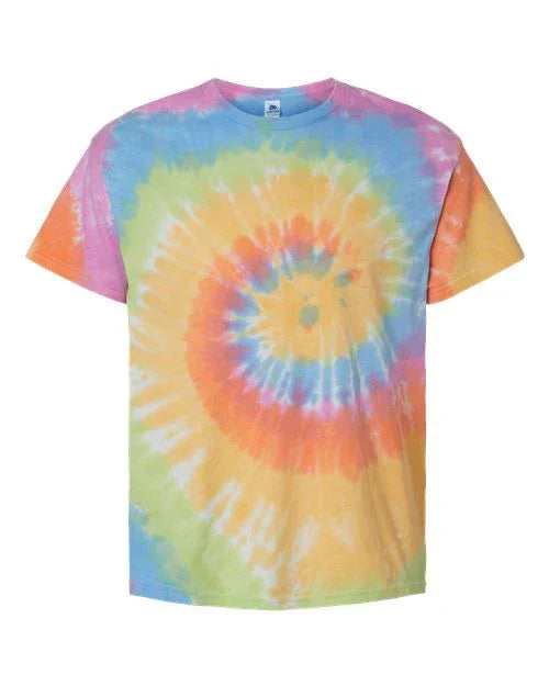 Colorful unisex tie dye t-shirt featuring a spiral design in pastel hues