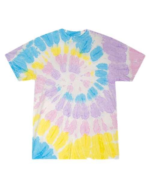 Apparel Nuke Unisex Tie Dye T-Shirt with a colorful spiral design in pastel shades