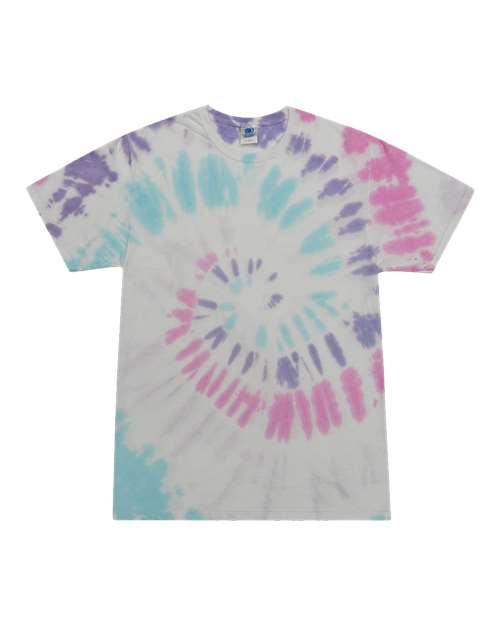 Unisex tie dye t-shirt featuring a vibrant spiral design in pastel colors