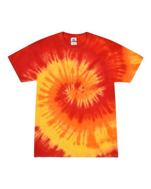 Bright orange and yellow unisex tie dye t-shirt featuring a spiral design for a vibrant look