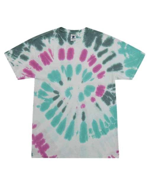 Unisex tie dye t-shirt in teal, pink, and grey spiral pattern for casual wear