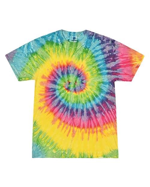 Colorful unisex tie dye t-shirt featuring a vibrant spiral pattern for casual wear