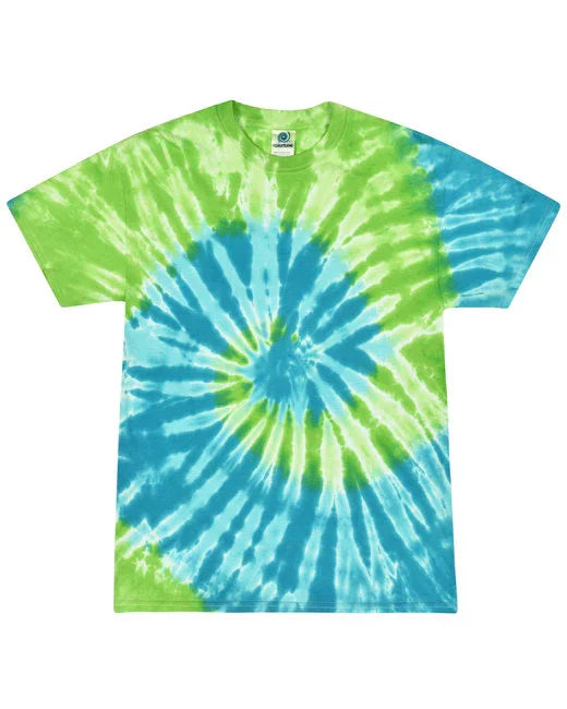 Colorful unisex tie dye t shirt youth in vibrant green and blue spiral pattern