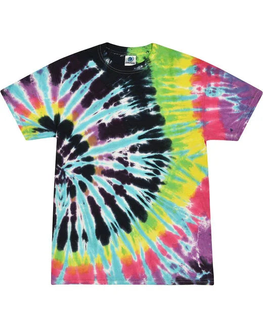 Vibrant unisex tie dye t shirt youth featuring a colorful spiral pattern in multiple shades